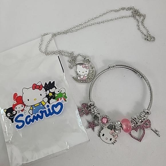 Hello Kitty Inspired Charm Bracelet Silver Pink Crystal Charm + Necklace - Picture 1 of 3